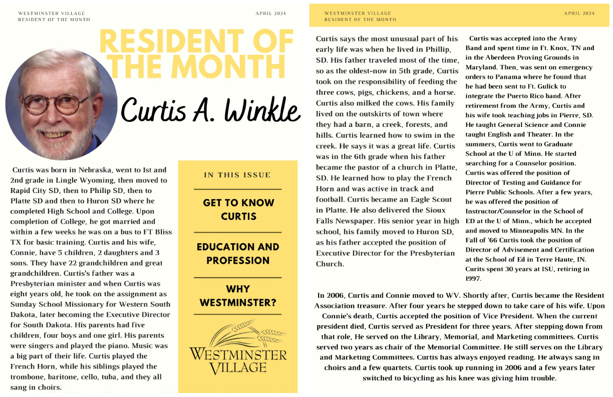 Westminster Village April 2024 Resident of the Month, Curtis Winkle