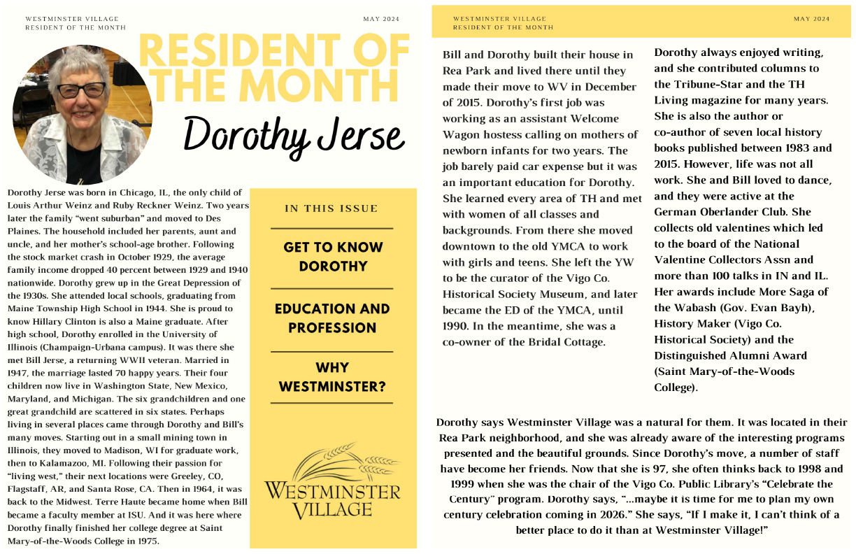 Westminster Village May 2024 Resident of the Month, Dorothy Jerse