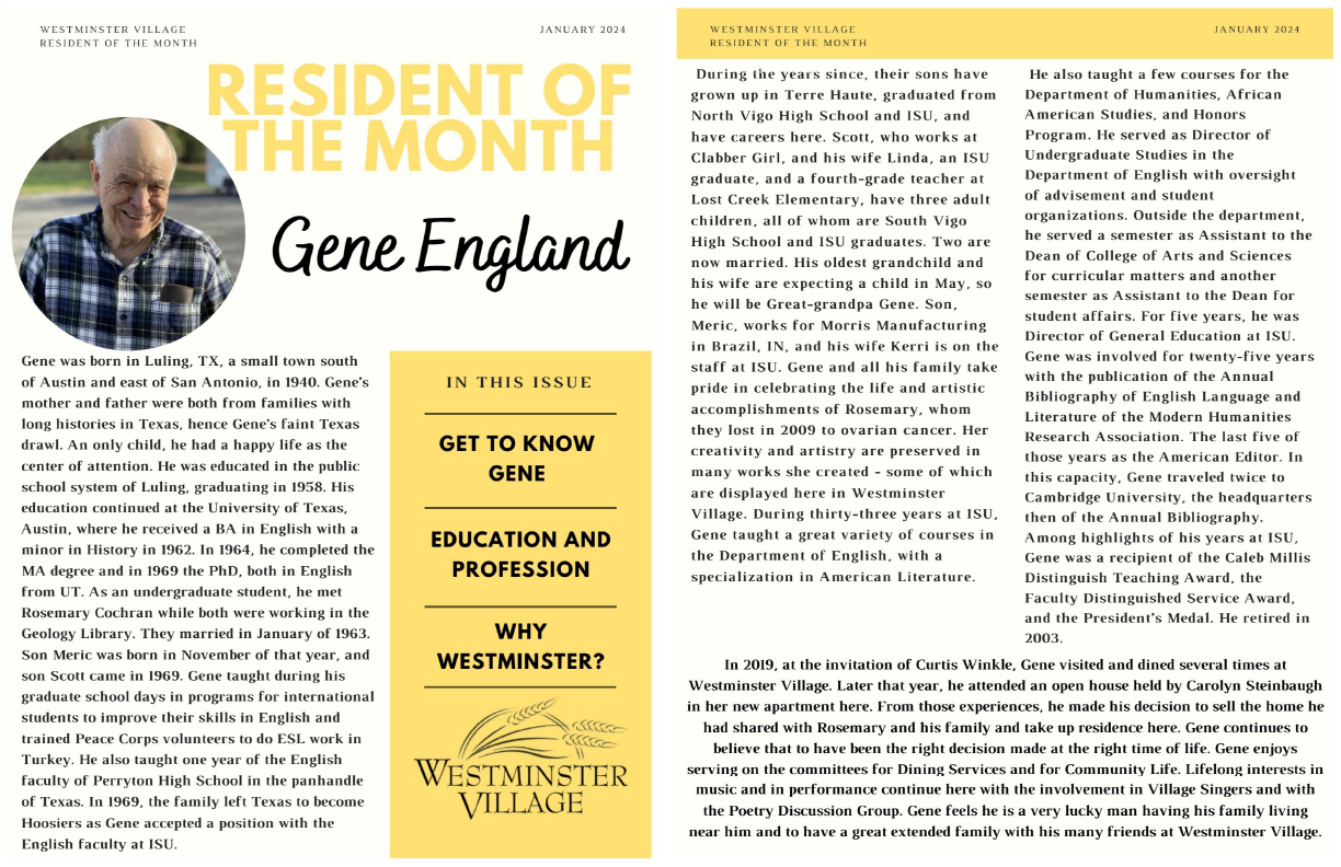 Westminster Village January 2024 Resident of the Month, Gene England
