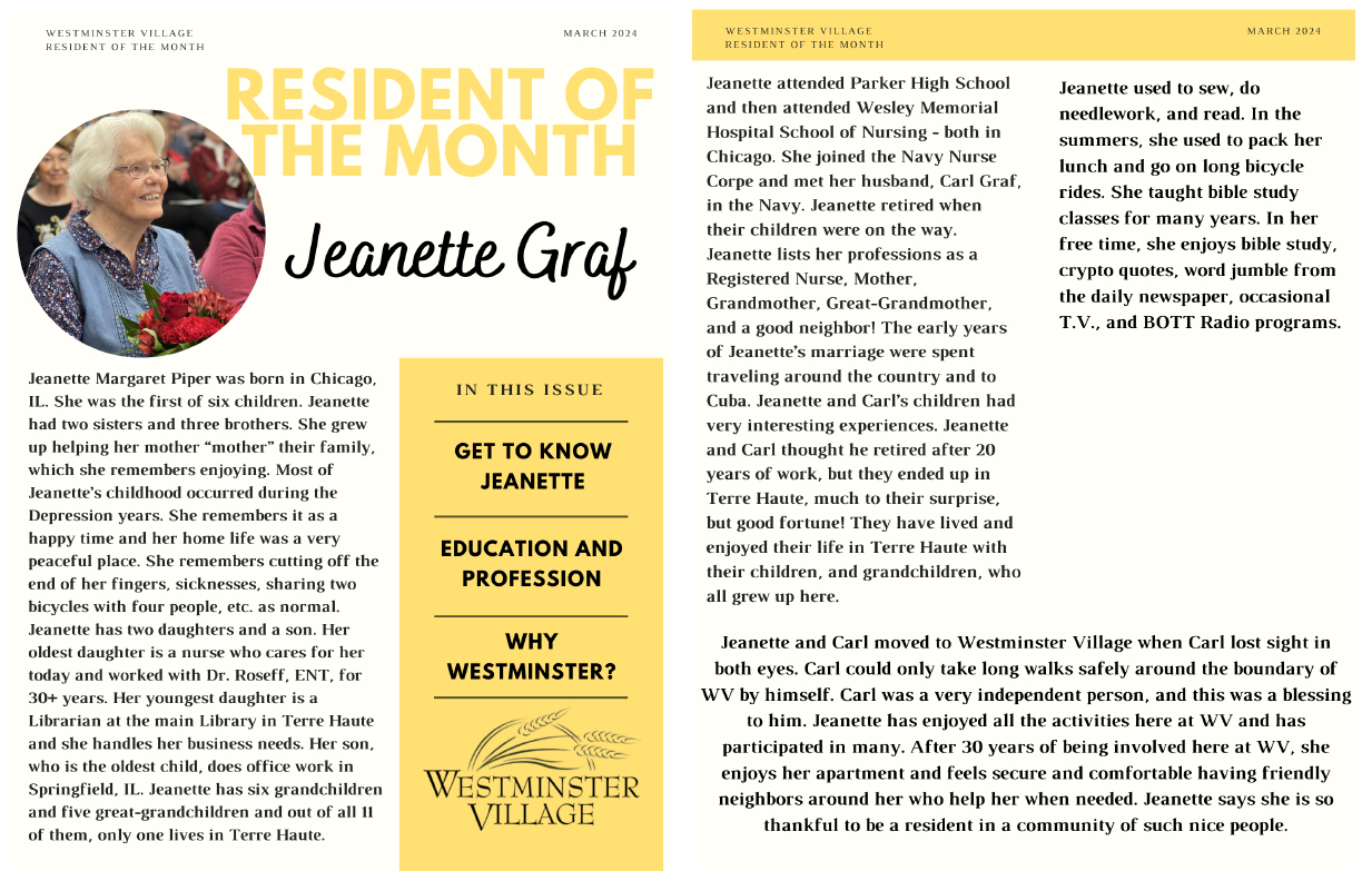 Westminster Village March 2024 Resident of the Month, Jeanette Graf