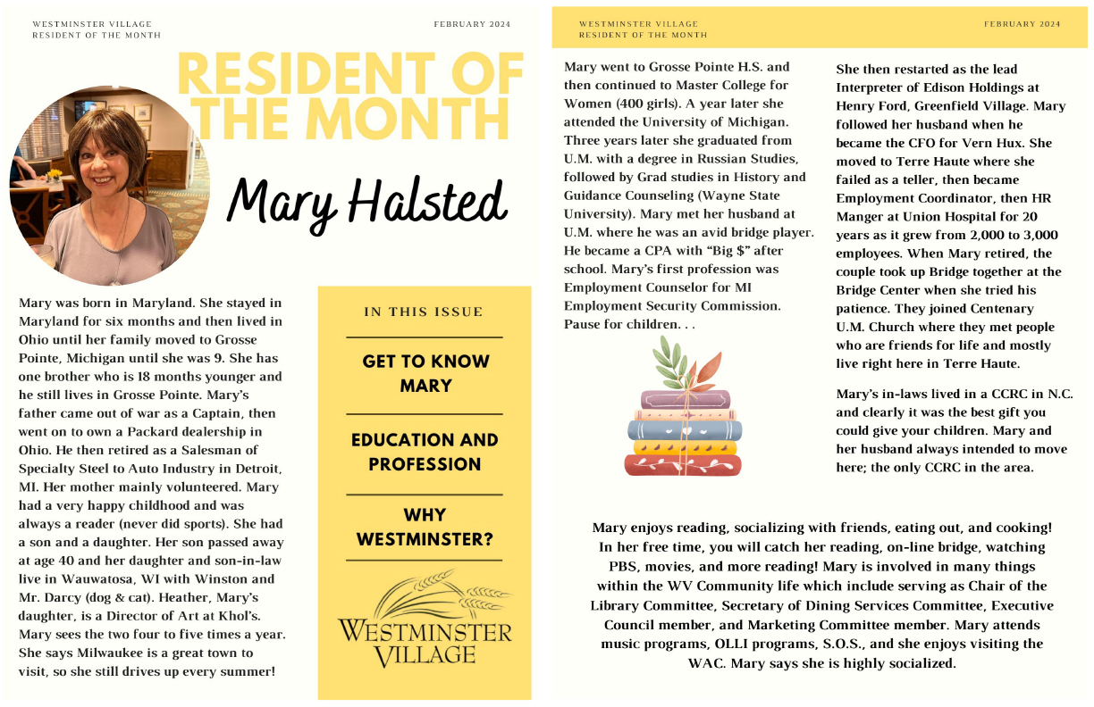 Westminster Village February 2024 Resident of the Month, Mary Halsted