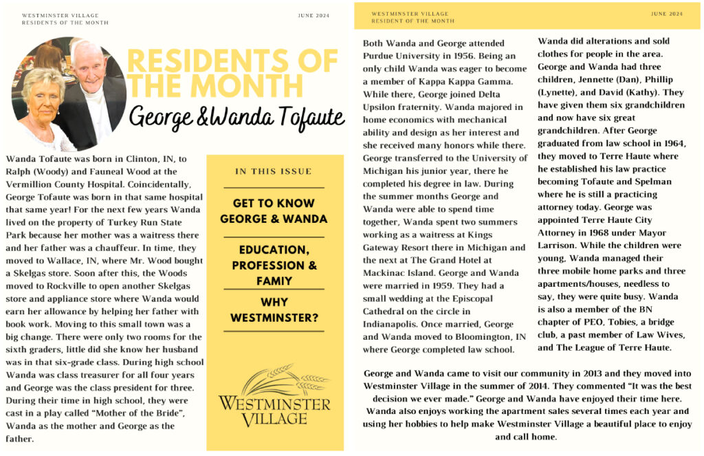 Westminster Village June 2024 Residents of the Month, George & Wanda Tofaute
