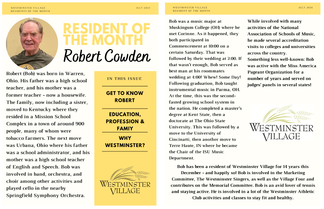 Westminster Village July 2024 Resident of the Month, Robert Cowden