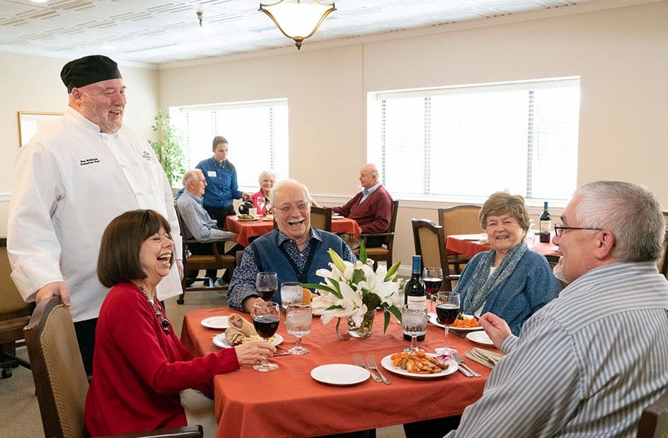 Residents enjoy a meal together at Westminster Village in Terre Haute, Indiana