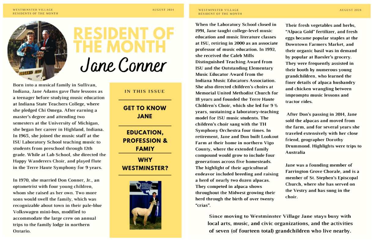 Westminster Village August 2024 Resident of the Month, Jane Conner