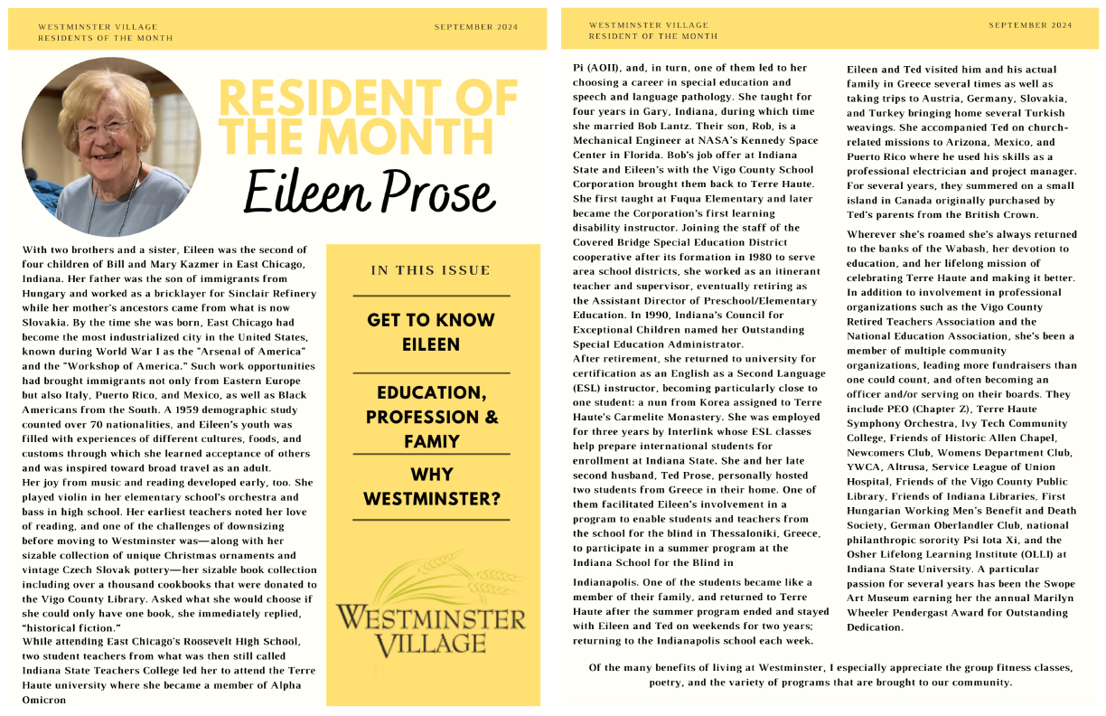 Westminster Village September 2024 Resident of the Month, Eileen Prose