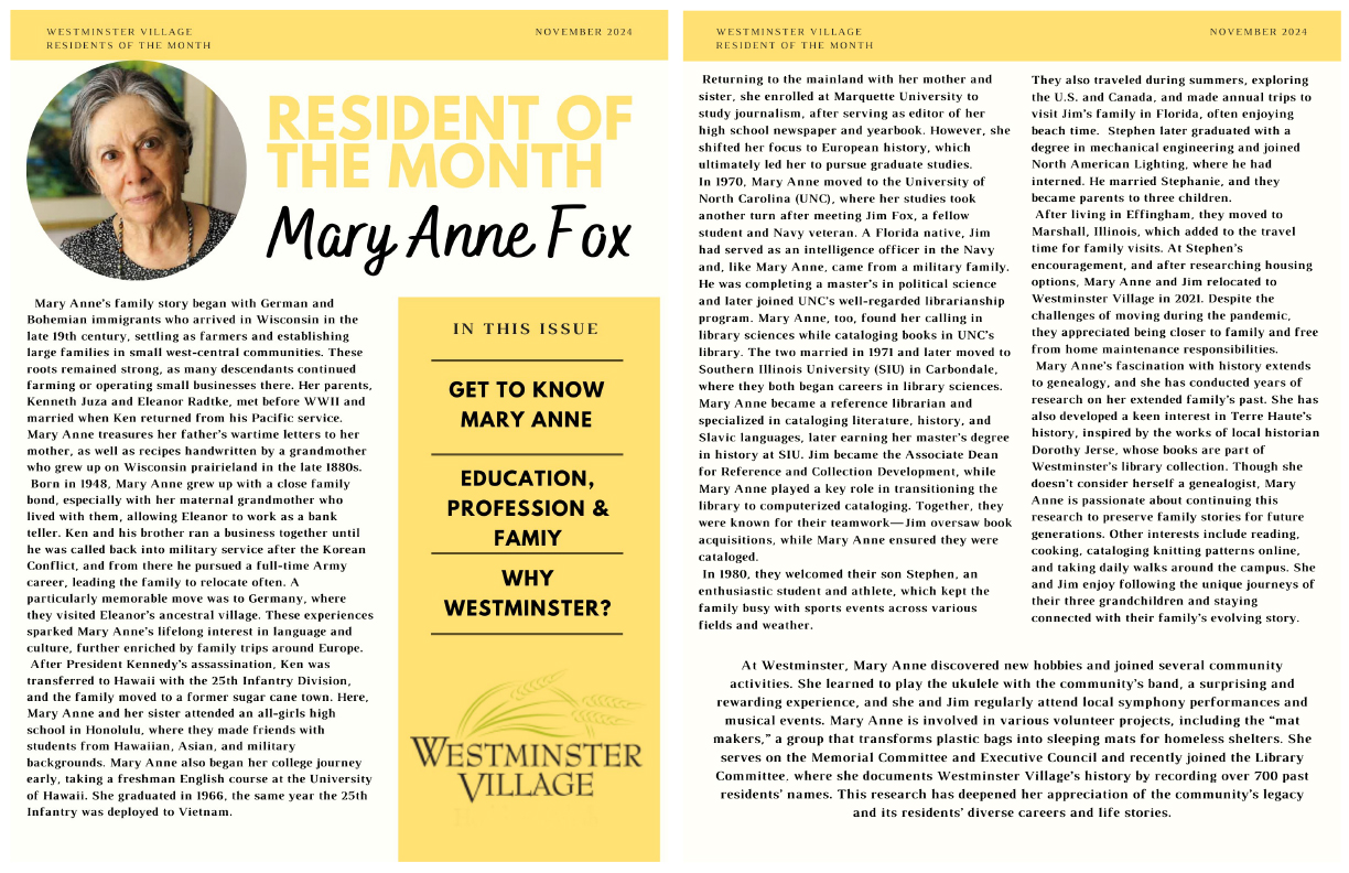 Westminster Village November 2024 Resident of the Month, Mary Anne Fox