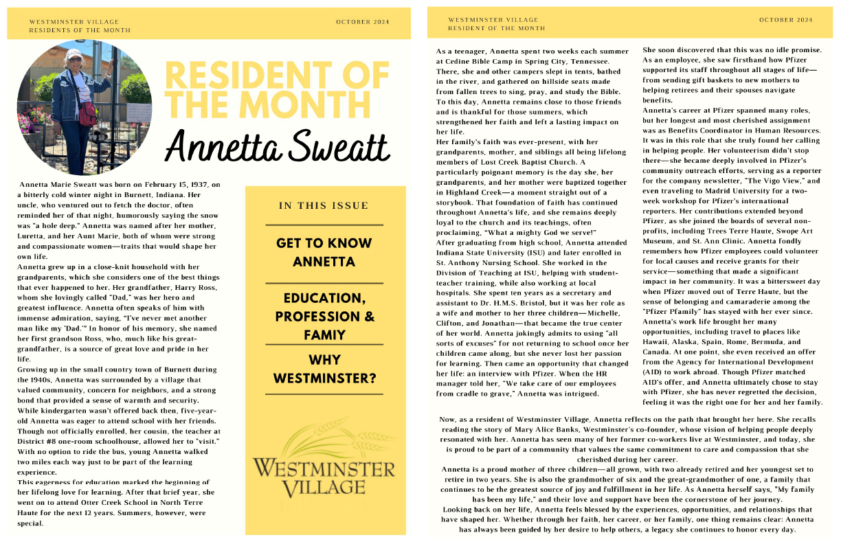 Westminster Village October 2024 Resident of the Month, Annetta Sweatt