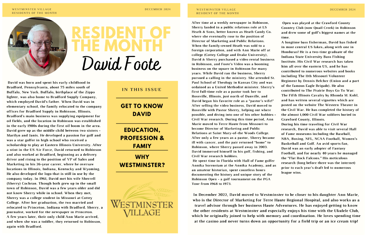 Westminster Village December 2024 Resident of the Month, David Foote