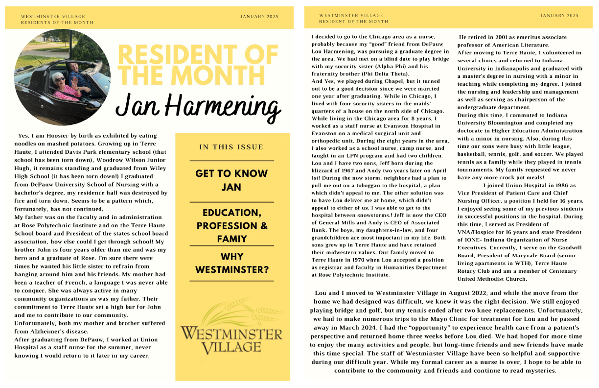 Westminster Village January 2025 Resident of the Month, Jan Harmening