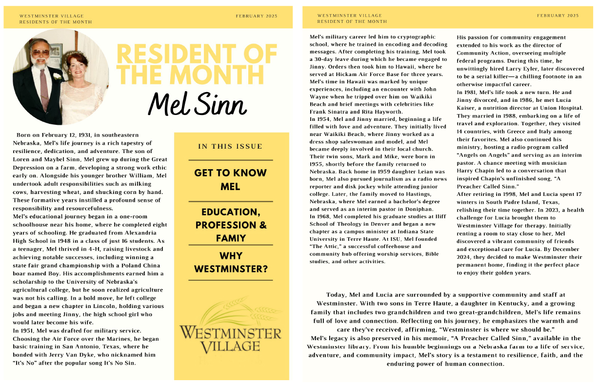 Westminster Village February 2025 Resident of the Month, Mel Sinn