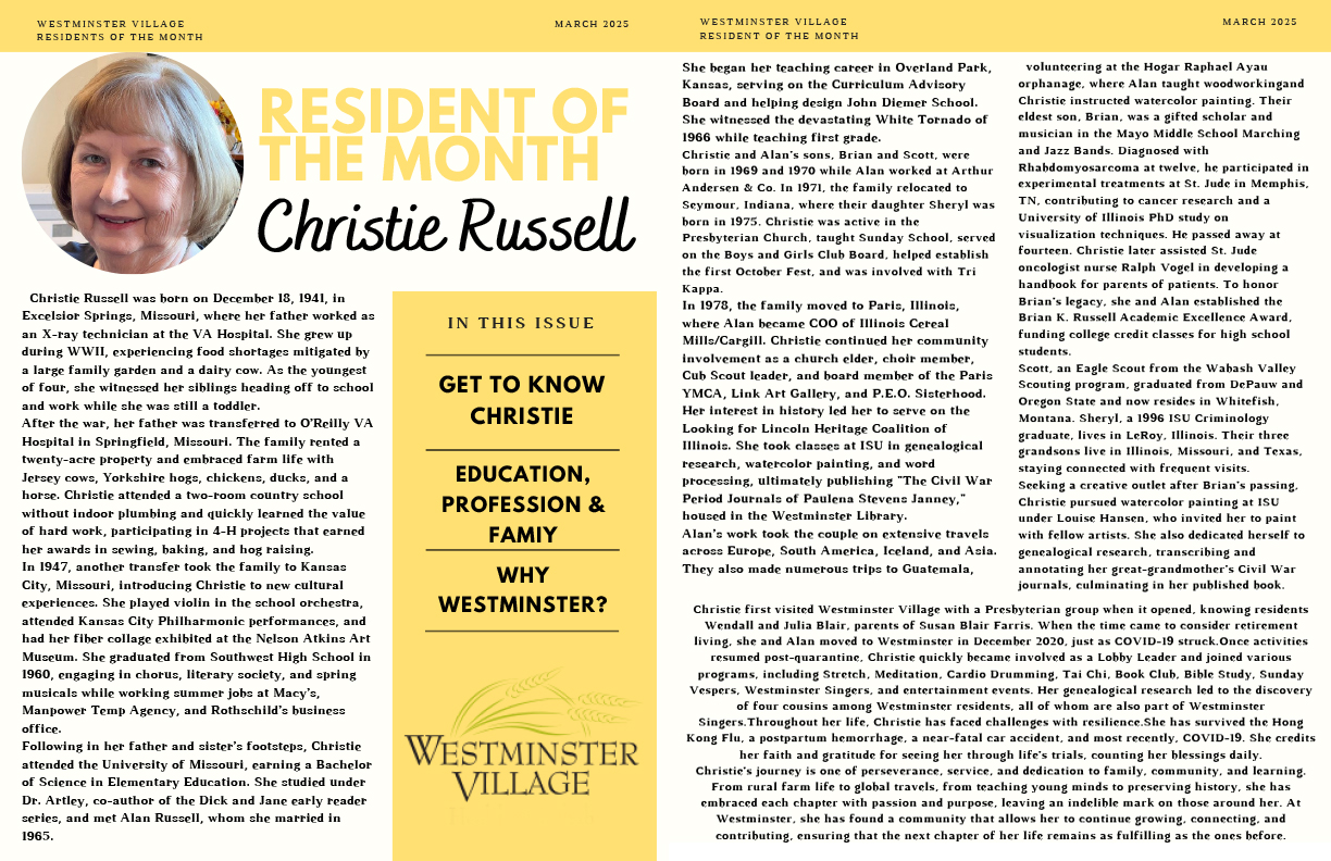 Westminster Village March 2025 Resident of the Month, Christie Russell