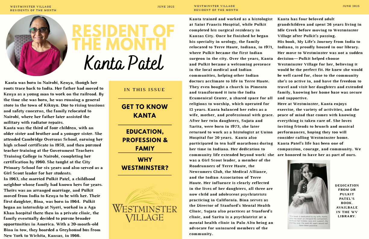 Westminster Village June 2025 Resident of the Month, Kanta Patel