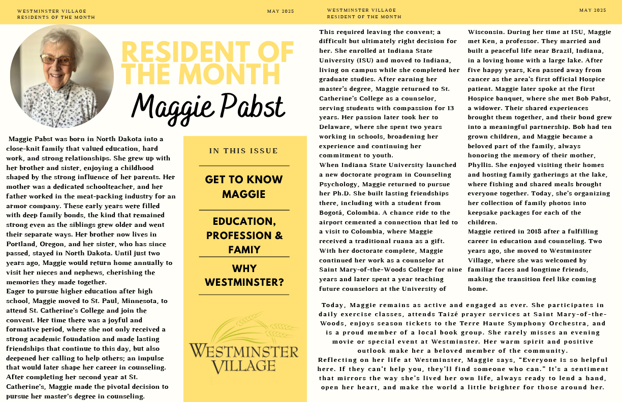 Westminster Village May 2025 Resident of the Month, Maggie Pabst