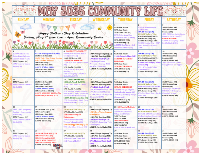 May 2025 Community Life Calendar