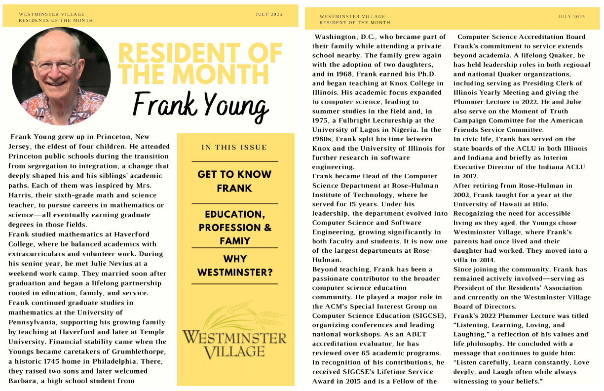 Westminster Village July 2025 Resident of the Month, Frank Young
