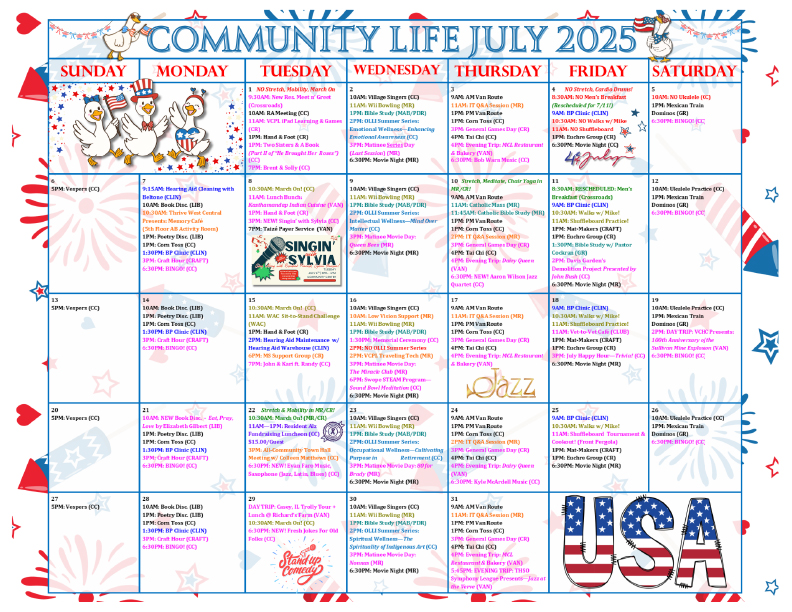 Westminster Village Community Life Calendar - July 2025