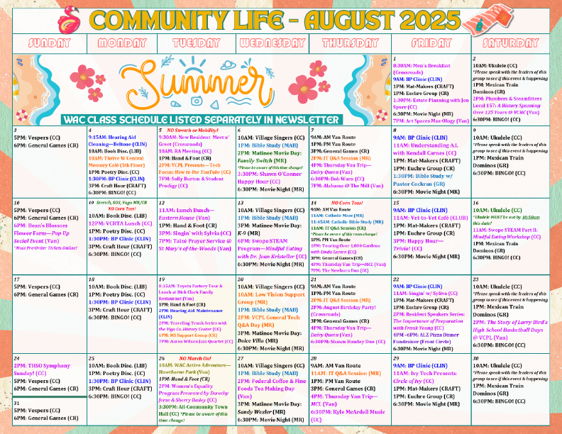 Westminster Village Community Life Calendar - July 2025