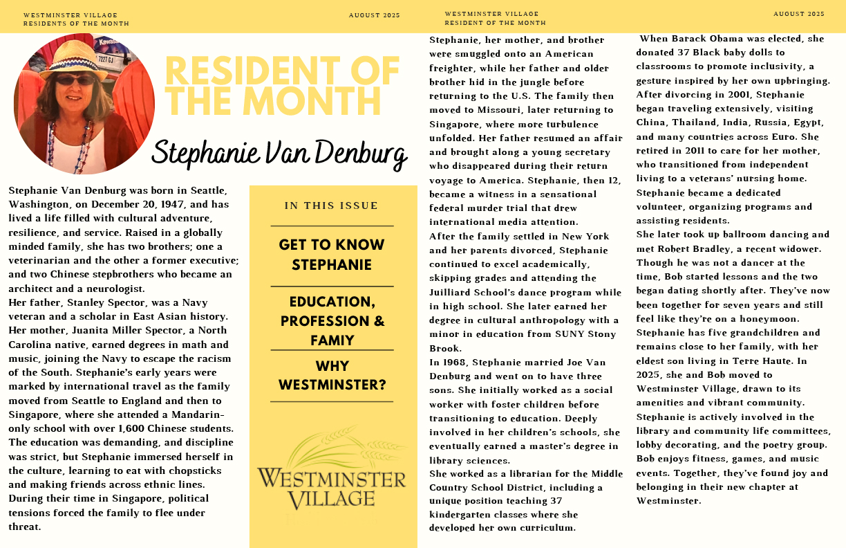 Westminster Village August 2025 Resident of the Month, Stephanie Van Denburg