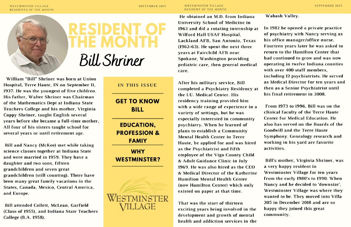 Westminster Village September 2025 Resident of the Month, Bill Shriner