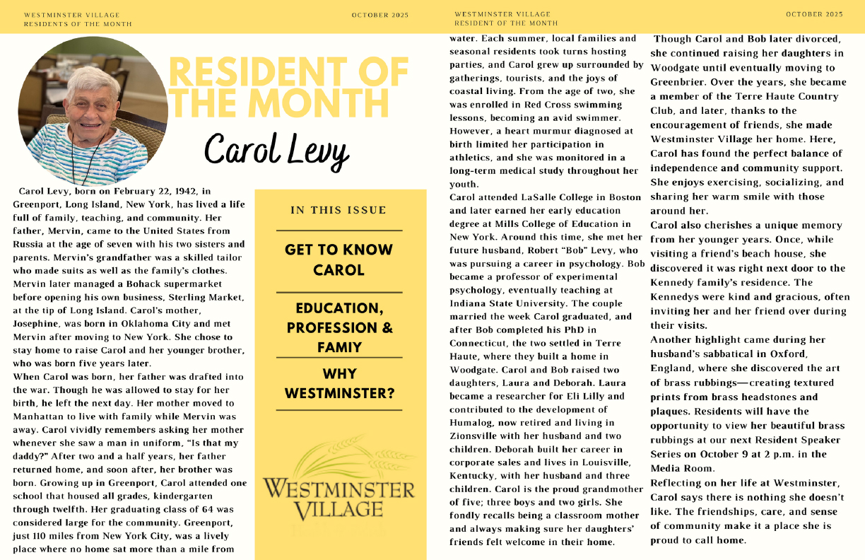 Westminster Village October 2025 Resident of the Month, Carol Levy