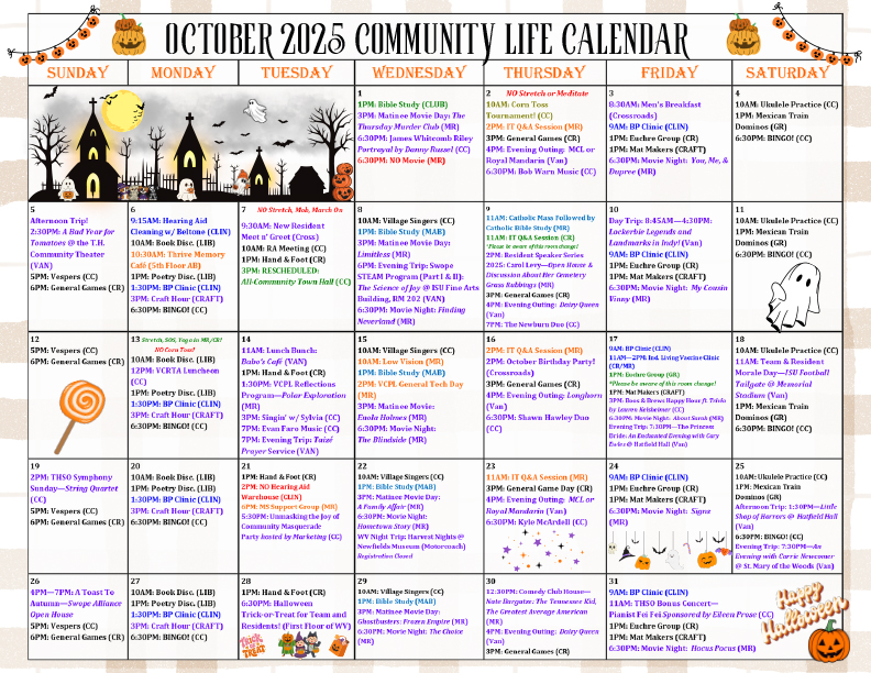 Westminster Village Community Life Calendar - October 2025
