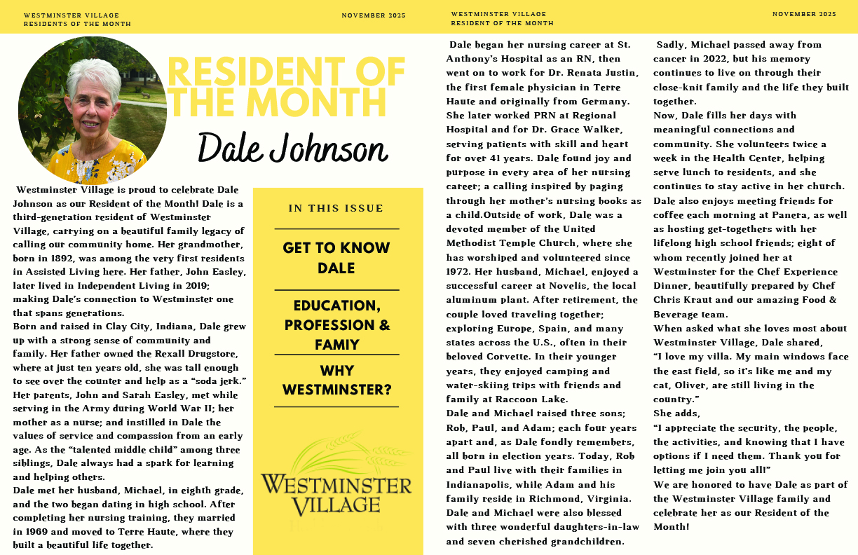 Westminster Village November 2025 Resident of the Month, Dale Johnson