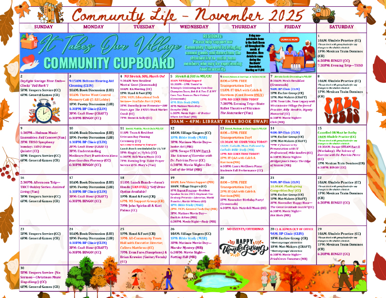 Westminster Village Community Life Calendar - November 2025