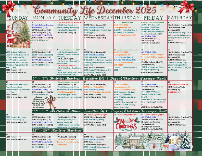 Westminster Village Community Life Calendar - December 2025