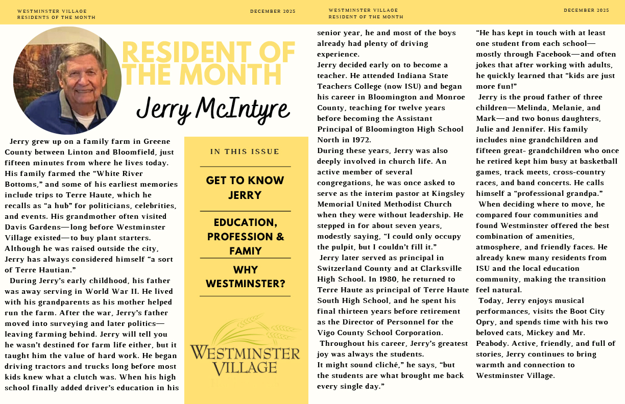 Westminster Village December 2025 Resident of the Month, Jerry McIntyre
