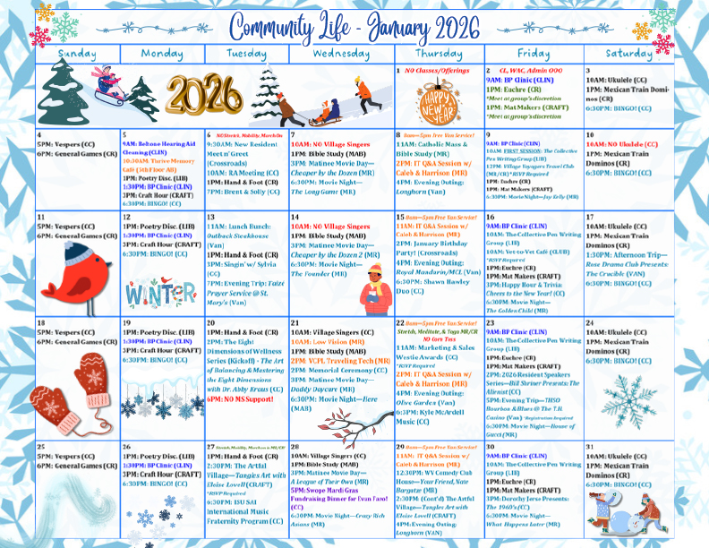 Westminster Village Community Life Calendar - January 2026