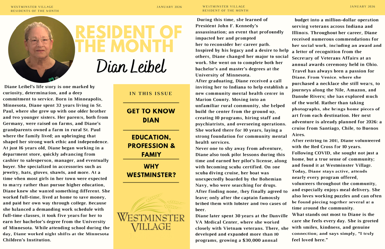 Westminster Village January 2026 Resident of the Month, Dian Leibel
