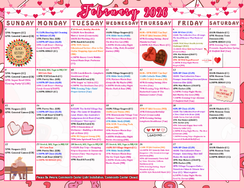 Westminster Village Community Life Calendar - February 2026