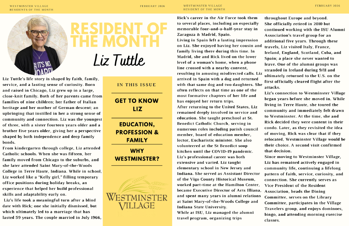 February 2026 Westminster Village Resident of the Month - Liz Tuttle